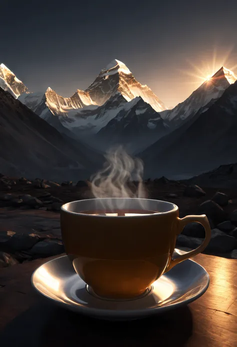 As the sun dips behind the towering peaks of Mount Everest, (a steaming cup of hot tea), its warmth illuminating the darkness. The scene is intricately detailed, showcasing the symmetrical beauty of nature, rendered in a gothic and sinister style., Realism...