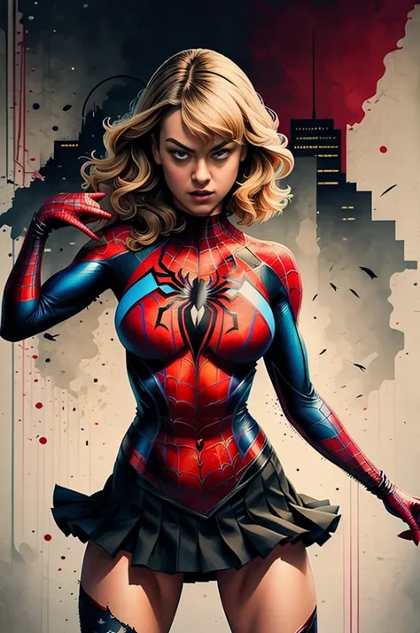 Yvonne Strahovski、Sticking out the navel、newyork、She wears a torn Spider-Man suit,wearing skirt、 Red and black color scheme,Dynamic、​masterpiece、top-quality、ultra-detailliert、ighly detailed、beautiful detailed brilliance、超A high resolution