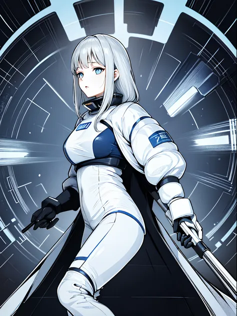 Beautiful glossy silver-haired girl。Wearing a spacesuit。Beautie。soio。line-drawing。blue eyes。White spacesuit。illustratio。15 year old girl。Fashionable spacesuit。Beautiful blue eyes。the background is the universe。There is a cute white and round machine。Kamime...