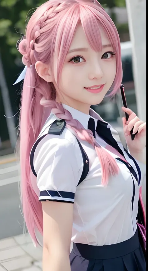 high-level image quality、Anime girl with long hair and police uniform posing for photo、Shibuya、up close shot、(A smile:1.5)、sayori, Anime visuals of cute girls, anime moe art style, loli in dress, Anime girl in police uniform, pretty anime girl, (Anime Girl...