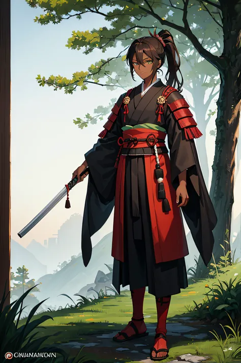 This young member of the Senju Clan stands tall at 1.82 meters with very dark skin and determined eyes. He sports long, brown hair tied in a samurai-style ponytail, complemented by unique, tree-colored green eyes. His attire reflects the clans traditions, ...