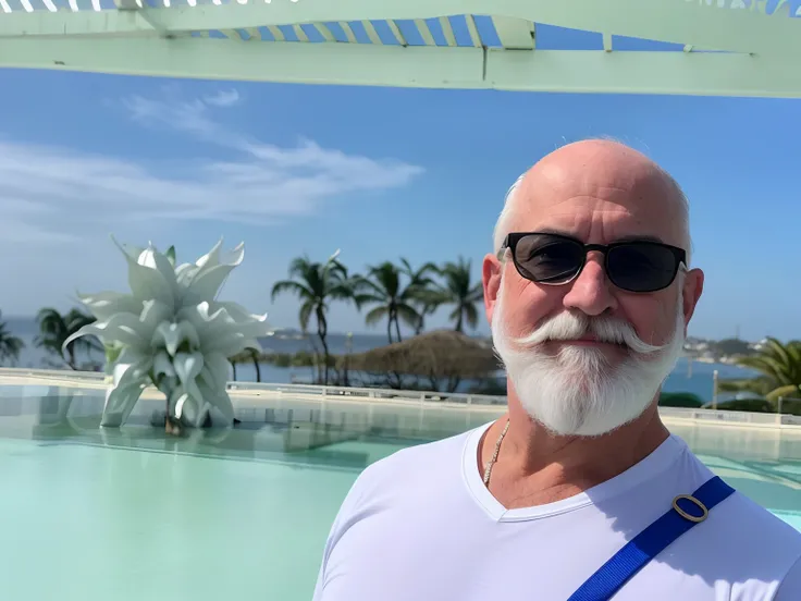 Theres a man with a white beard and a white mustache, 5 5 I, 4 5 I, em um dia brilhante, ele tem cerca de 60 anos, ele tem cerca de 6 0 anos de idade, inspired by Antônio Parreiras, cabelos brancos e barba branca, bom tempo, foto de 2022, longos cabelos br...