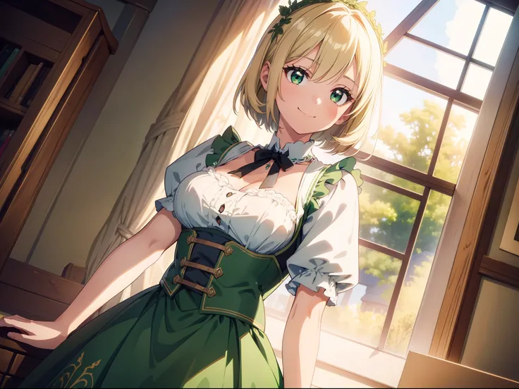 1 girl , green Germany dirndl  , front , (wide shot) ,cinematic lighting, smile , ((masterpiece)), ((best quality)), ((ultra-detailed)), (illustration), ((an extremely delicate and beautiful))