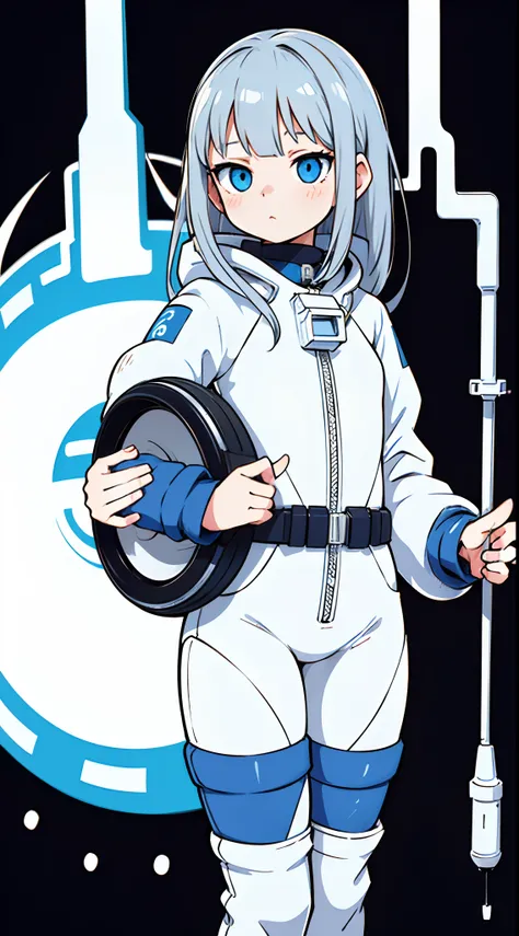 Beautiful glossy silver-haired girl。Wearing a spacesuit。kawaii。soio。White background。line-drawing。blue eyes。White spacesuit。illustratio。15 year old girl。Fashionable spacesuit。Beautiful blue eyes