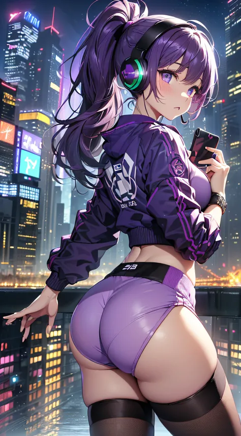 top-quality、Top image quality、​masterpiece、girl with((18year old、Best Bust、big bast,Beautiful purple eyes、Breasts wide open, Purple ponytail、A slender、Large valleys、Purple Sports Bra、Black jacket,Purple shorts,Red high heels、Reflecting the whole body、Purpl...