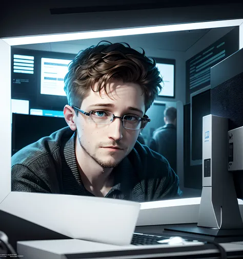 Cut to a high-tech government surveillance facility, depicted in intricate 3D detail. Computers buzz with activity as data streams flow across screens. A character, representing Edward Snowden, is shown courageously downloading classified information. Voic...