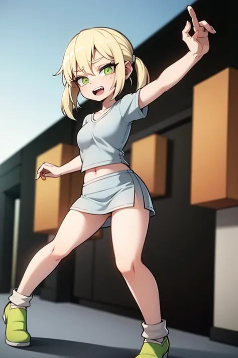 1girl light skin 5.6f, blonde hair with pigtails, lime green eyes, wears a loose grey shirt with two green stripes, grey short skirt, brown slippers, full body view, lewd pose