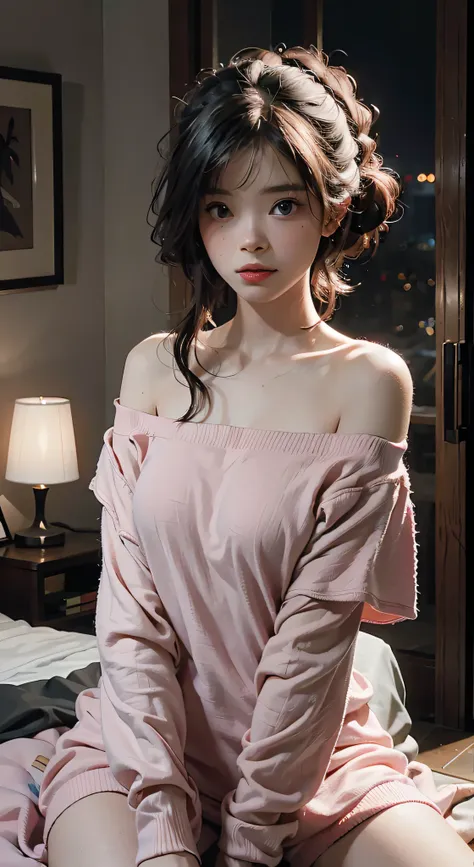 best quality, masterpiece, ultra high resolution, (realisticity: 1.4), original photo, 1girl, pink off-the-shoulder, cinematic l...