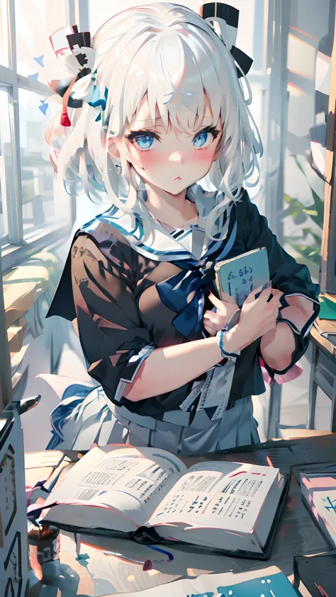 1female, white haired, school girl, blushing, holding book, japanese school girl uniform, blue eyes, pout, short hair, classroom, 8K, ribbon