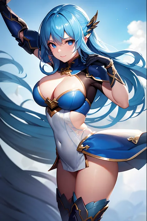 8K,Close-up of a woman in a blue and white dress、large full breasts,blue hairs, Super beauty,(Like the real thing)Blue eyes,poneyTail,Chengwei Pan on Artstation、 Yang J 作、 Detailed fantasy art、Stunning character art、 Fan Art Best Art Station、 Magnificent e...