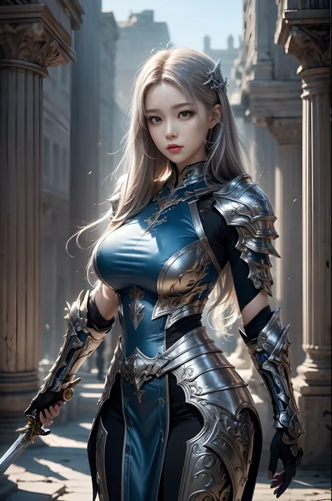 Ultra detailed, beautiful, masterpiece, best quality, detailed beautiful round eyes, beautifully detailed face, medium long hair, a woman in a silver and blue dress, chengwei pan on artstation, by Yang J, detailed fantasy art, stunning character art, fanar...