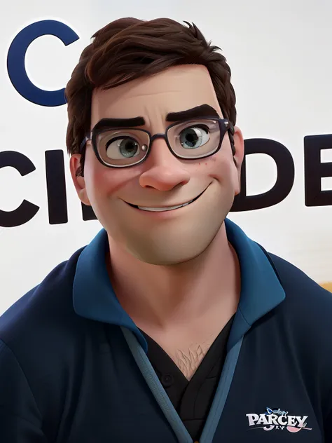 Film poster inspired by Disney Pixar. The scene must follow an artistic style similar to pixar, focusing on the characters expressions, vibrant colors, detailed textures and characteristics of their animations. With a mischievous smile, wearing glasses and...