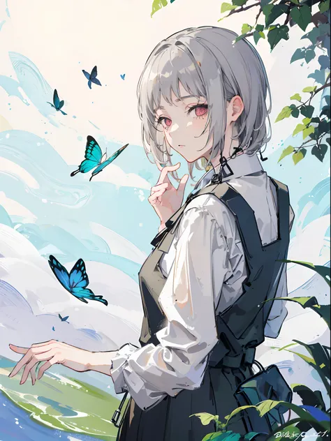 (top quality, best quality:1.2),(1girl:1.3), gray hair, Butterflys, jungle