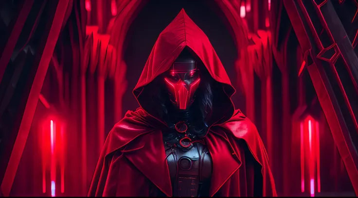 somber portrait of Terminator Red riding Hood with intricate angular cybernetic implants inside a brutalist building, gothic brutalist cathedral, cyberpunk, award-winning photo, bokeh, neon lights, cybernetic limb