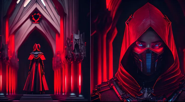 somber portrait of Terminator Red riding Hood with intricate angular cybernetic implants inside a brutalist building, gothic brutalist cathedral, cyberpunk, award-winning photo, bokeh, neon lights, cybernetic limb