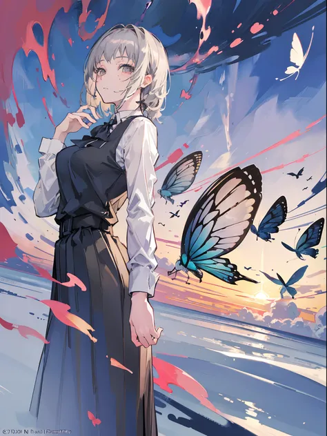 (masterpiece, top quality, best quality,official art:1.2),(1girl:1.3), gray hair, Butterflys