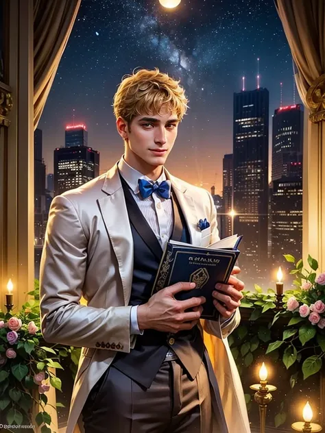 4k、Roman Emperor Constantine the Great resurrected in modern times、Provocative gaze、Well-groomed face、Luxury Business Suit、Tie is a bow tie、A confident smile、Stylish gel is used for hair、View of the city of Athens and the Olympic Stadium at night、Chandelie...