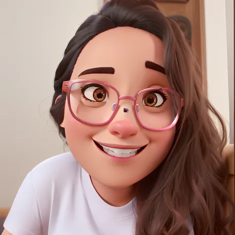 cartaz inspirado em filme da pixar de uma mulher de pele branca, cabelo castanho claro, boca rosada sorridente, Transparent Rose Gold Glasses and Black Eyes, tem um pouco de bochecha, camisa branca e colar de ouro