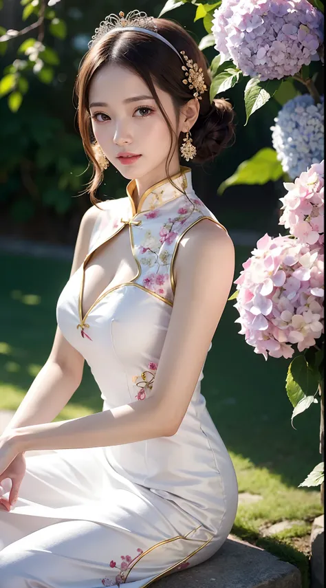 (masutepiece), Best Quality, High resolution, Ultra-detailed, character close-up, Beautiful white dress in Chinese style, chinese elegant dresses, exquisitedetails, Beautiful and elegant cheongsam, Colorful and shiny, Dress Floating, Dramatic Angle, Close ...