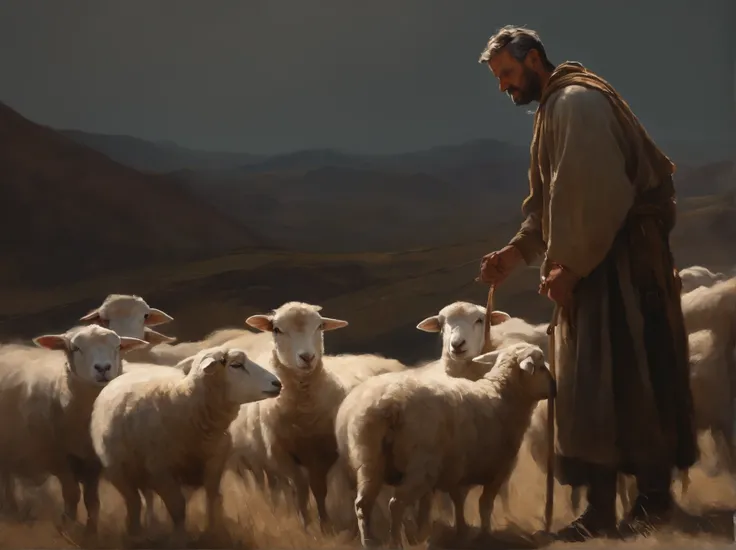 full length photo of a shepherd tending his sheep, majestic welcoming, professional oil painting by Ed Blinkey Atey Ghailan by Jeremy Mann Greg Manchess rays of light Antonio Moro trending trending at ArtStation trending at CGSociety Intricate High Detail ...