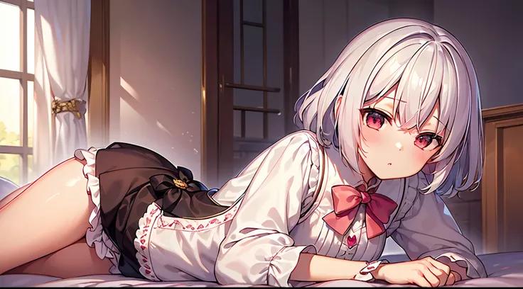 (​masterpiece),(Top image quality),hight resolution,(Dainty and cute),(ighly detailed), 1girl, 独奏,illustratio,Fantasia,white  hair,perm,short-hair,Cute outfit with pink ruffles,Heart eye,on the beds,A little erotic,Western-style room