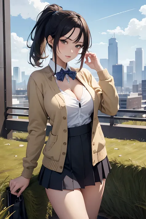 masterpiece, highres, absurdres, texture,1girl, (grasses:1.3), ponytail, girl in school clothes, skirt, school sweater, medium breasts, cleavage, cityscape, flirtatious look, ((very detailed)), (perfectly detailed face), (well detailed hand) photorealistic...