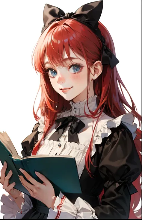 girl with、Background white、without background、Red-haired、The long-haired、with blush cheeks、lolita fashion、frilld、bow ribbon、Smiling、Reading a book、lecture、Boken、kawaii、without background