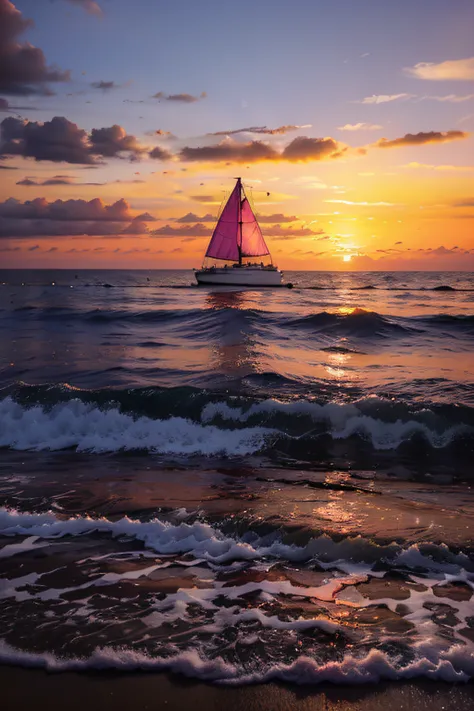 "Dramatic sunset over the ocean, with the sky painted in vibrant hues of pink, orange, and purple, and the silhouette of a sailboat on the horizon."