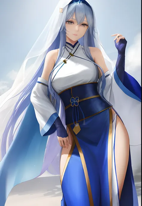 A woman，The veil covers the face，Wear blue Hanfu，Long white hair，The long blue glove extends to the upper arm，