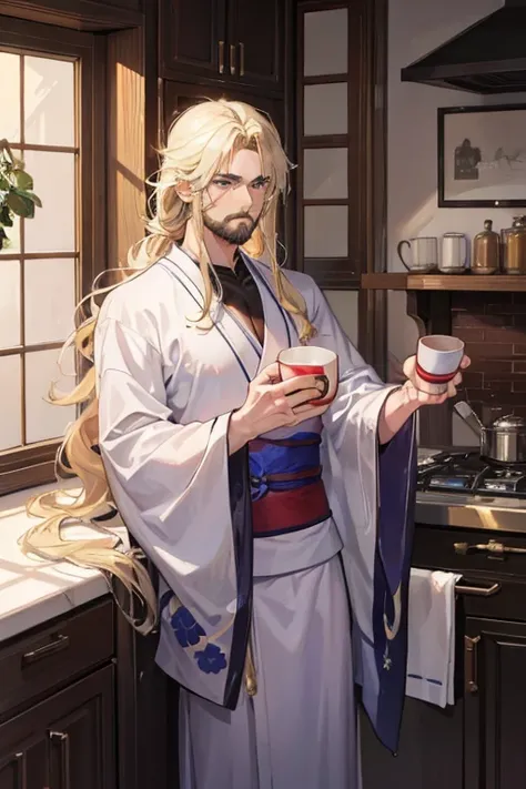 A muscular blonde haired man with long hair and a dark beard in a kimono is drinking hot tea in the kitchen