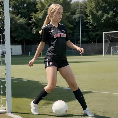 Blonde girl doing soccer in football clothes