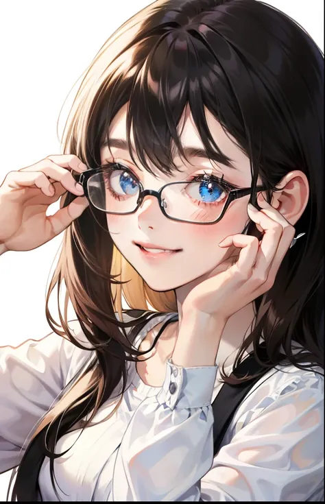 girl with、Background white、without background、A dark-haired、The long-haired、with blush cheeks、Long sleeve white shirt、frilld、eye glass、wears glasses、Smiling、kawaii、without background