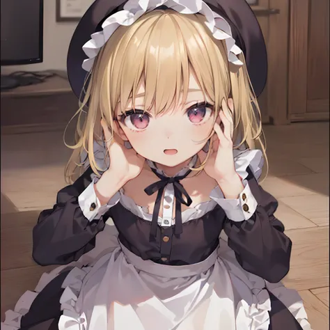 (​masterpiece}, {hight resolution}, {Good anatomy}, (top-quality), (extremely delicate and beautiful), (8k cg wallpaper), (illustratio), 1 girl in, a blond、maid clothes、White Brim、Ashamed、Hide your face with both hands