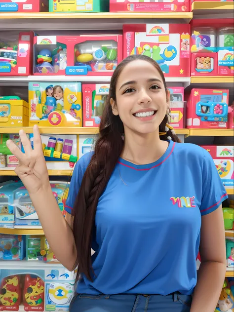 mulher arafed em uma loja de brinquedos com um sinal de paz, a mulher segura mais brinquedos, fernanda suarez, Malika Favre, 3 5 year brazilian mother, Directed by: Samuel Silva, Parece Fabiula Nascimento, Karla Ortiz, foto comercial do brinquedo, foto par...