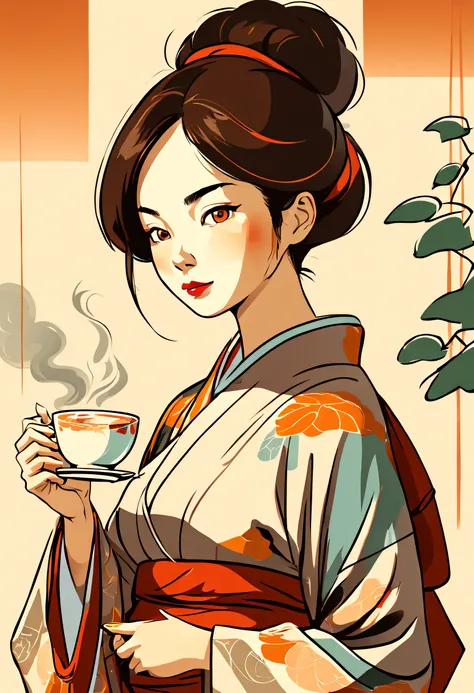 A minimalist portrait of a woman in a kimono drinking a (steaming cup of tea:1.37), vector image, abstract lines,