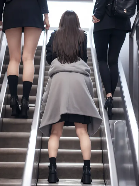 Uphill on the escalator skirt、short coat、Lower body close-up、looks from behind、The camera angle is very low、Slouched、Slouched、Protruding buttocks