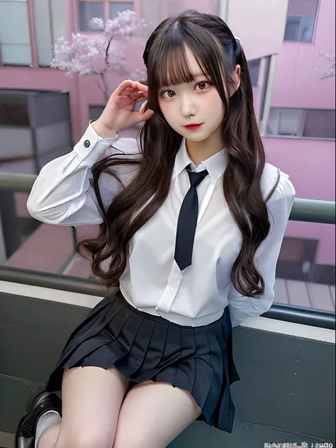 hight resolution,masutepiece,Best Quality,Extremely detailed, hyper realisitic, girl with, hair wavy, in school, Black pleats skirt, neck tie, smil, Very beautiful,cute, 8K Wallpaper, Fine detail, Very detailed 8k wallpaper