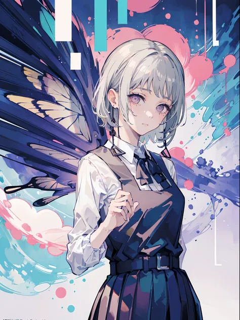 (masterpiece, top quality, best quality,official art, beautiful and aesthetic:1.2),(1girl:1.3), gray hair, butterflys