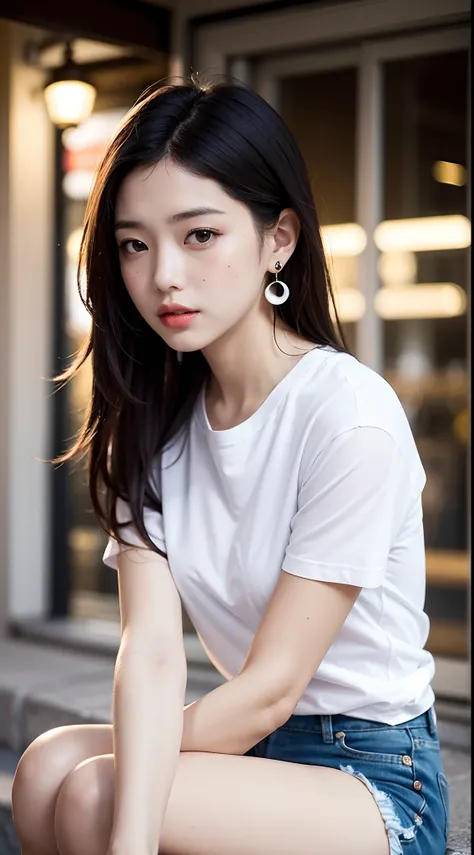 of the highest quality, masutepiece, Ultra high definition, (Real: 1.4), Original photo, (Evening Street), 1 girl, Black eyes, gaze at the audience, Long hair, Light makeup, Lips, small ears, White T-shirt, Denim shorts, earrings, Sitting Ferrari,, slim, n...