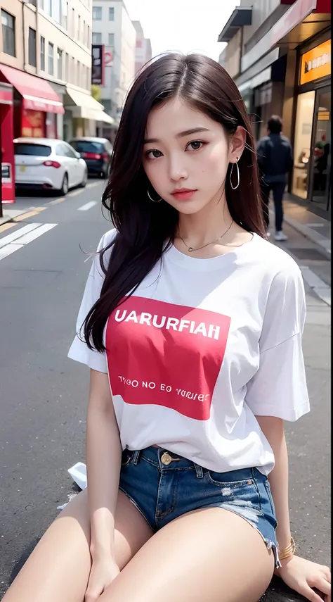 of the highest quality, masutepiece, Ultra high definition, (Real: 1.4), Original photo, (Evening Street), 1 girl, Black eyes, gaze at the audience, Long hair, Light makeup, Lips, small ears, White T-shirt, Denim shorts, earrings, Sitting Ferrari,, slim, n...