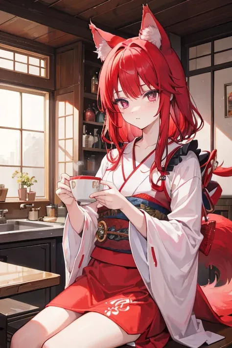 A red haired man with colorful eyes with red wolf ears and a red wolf tail in a kimono is drinking hot tea in the kitchen.