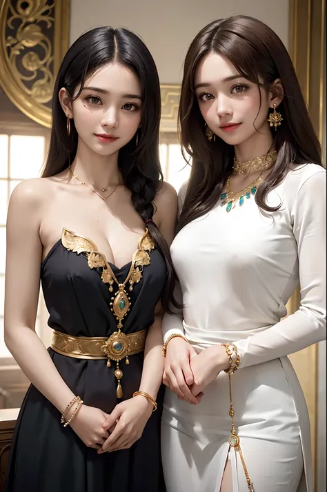 two Omani beauties,(masterpiece, best quality), (photo realistic), (intricate detail, Detailed Face), HDR,
front view, Look at the camera,
Light smile,
variety of hairstyles,
Various earrings,
Variety of necklaces,
Various bracelets,
wide hip:0.4,