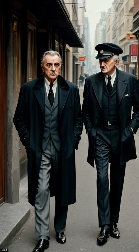 there are two old men walking down the street with a dog, high quality film still, style of the godfather , full color still, in style of vito corleone, still from the movie, movie film still, medium shot of two characters, style of seb mckinnon, two soldi...