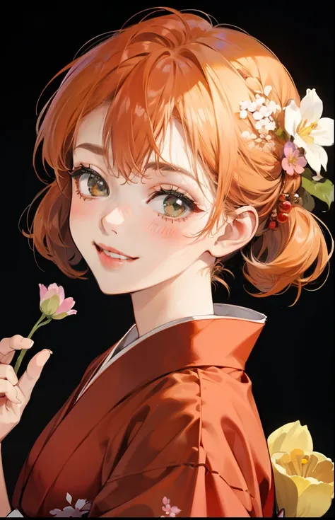 girl with、Background white、without background、Orange hair、with blush cheeks、flowery kimono、taisho roman、Showa Retro、frilld、Smiling、kawaii、without background