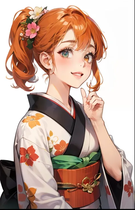 girl with、Background white、without background、Orange hair、with blush cheeks、flowery kimono、taisho roman、Showa Retro、frilld、Smiling、kawaii、without background