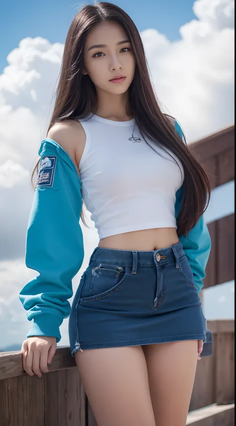 Female1, frontage, Long hair, tight skirt, Huge clouds, I can see a little panties, Big, Pabu gloss, 8K, Hand detail, Details, Detailed Eyes, perfect body figure, Voluminous body, Sexy Open Snowboard Uniform, Dolphin pants, smaller face, Detailed face, per...