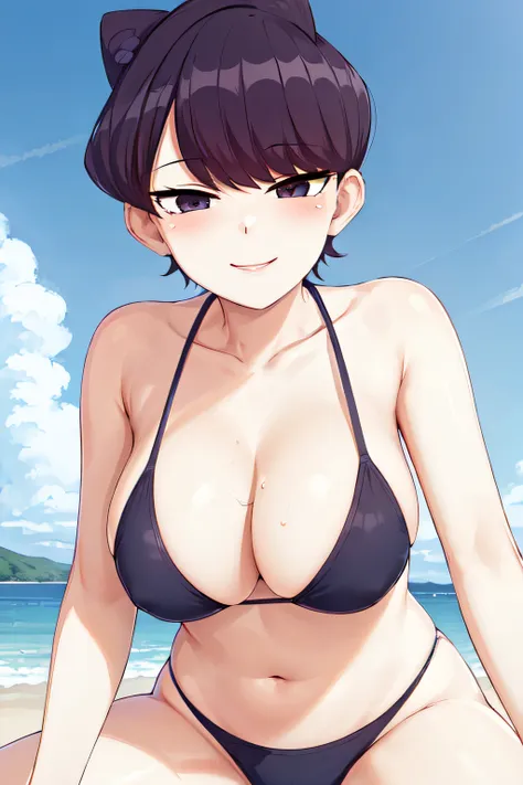 masterpiece, best quality, 1girl, solo, komi-san wa komyushou desu, bikini, blush, outdoors, blue sky  perfect face, perfect eye...