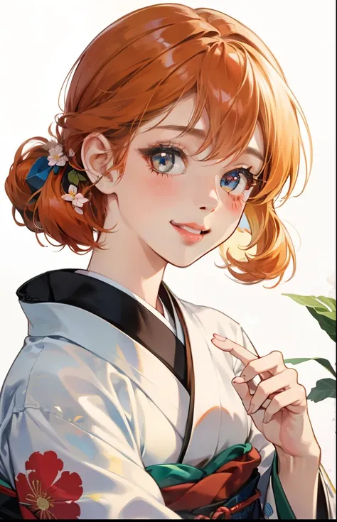 girl with、Background white、without background、Orange hair、with blush cheeks、flowery kimono、florals、taisho roman、Showa Retro、frilld、Smiling、kawaii、without background