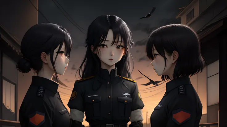 Black-haired girl in uniform、nightfall、canny、crows