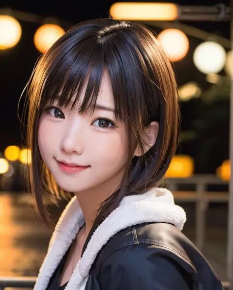 1girl, Tokyo street,night, cityscape,city lights,upper body,close-up,smile,, (8k, RAW photo, best quality, masterpiece:1.2),(realistic, photo-realistic:1.37),